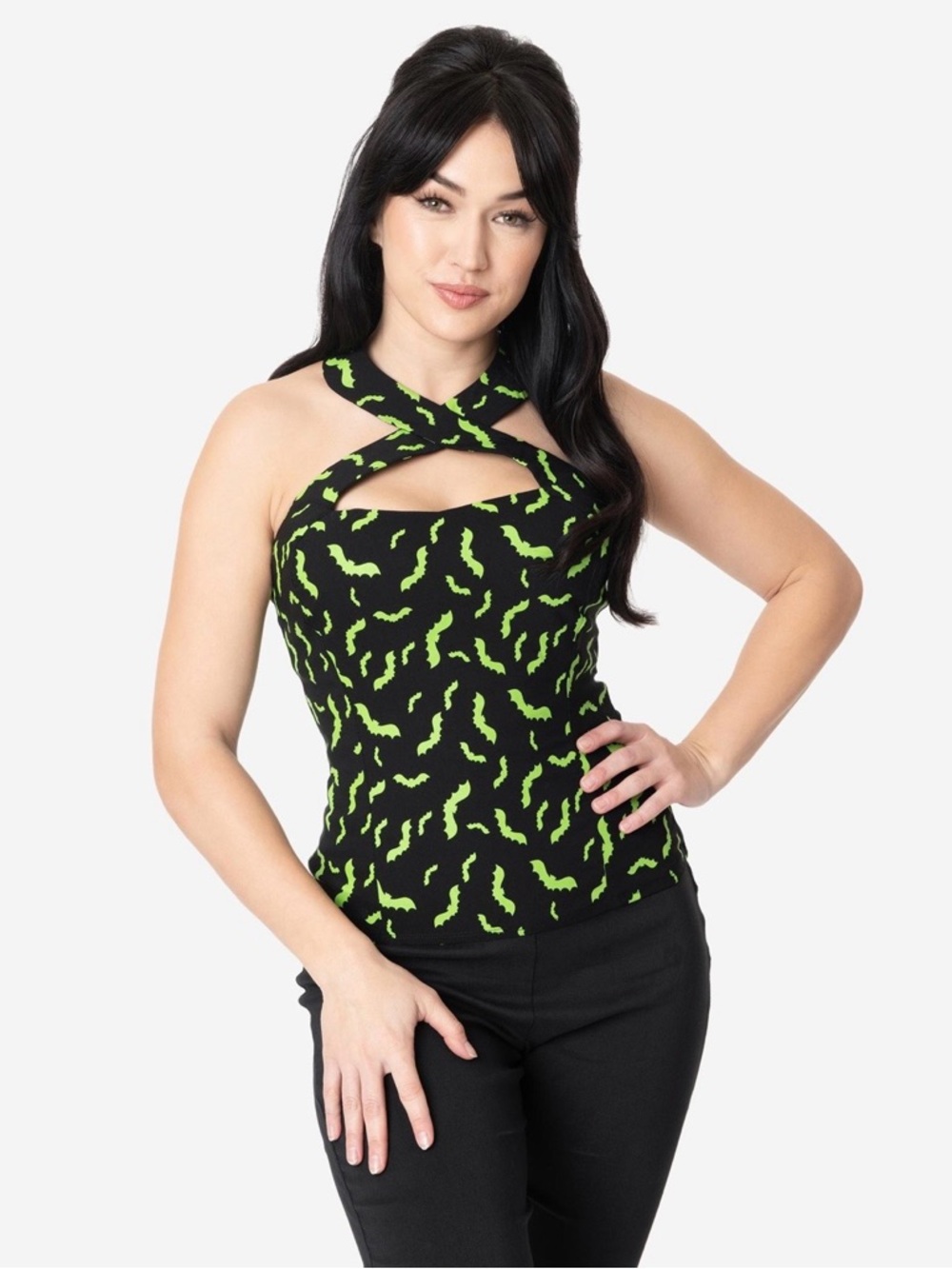 Unique Vintage Black & Neon Green Bats Rita Halter Top Goth Alt Sz M NWT New
